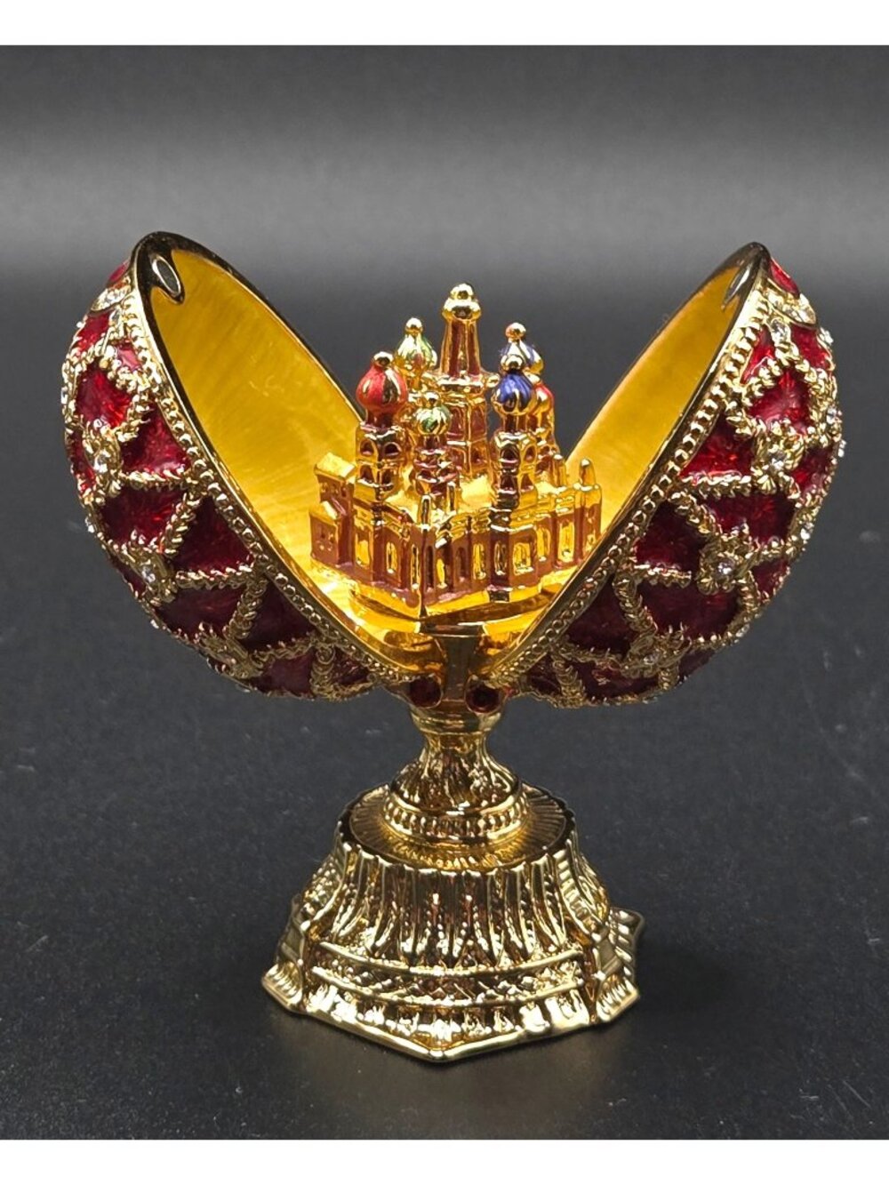 Red Jeweled Faberge-Style Egg With Ornate Gold Detailing & Cathedral Inside
